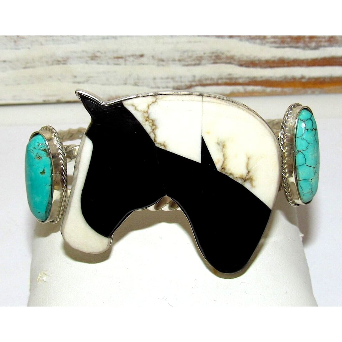 ONE OF A KIND NAVAJO CALVIN DESSON INLAY HORSE CUFF BRACELET