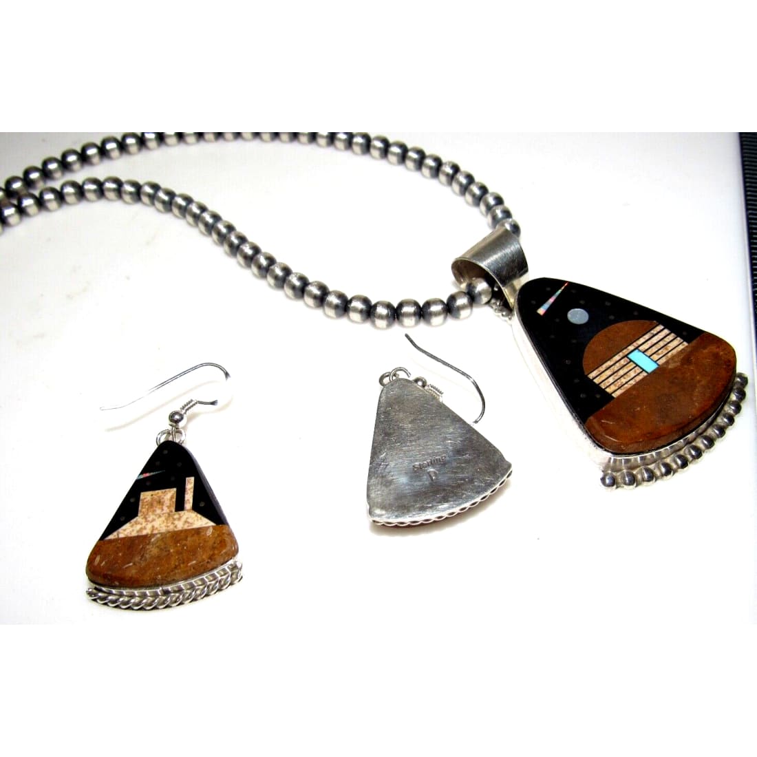 Desson Inlay Navajo Calvin Desson Inlay Jet Turquoise Opal Earrings Pendant Set ...