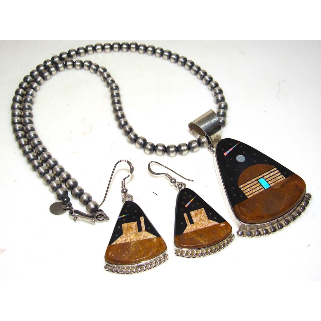 Desson Inlay Navajo Calvin Desson Inlay Jet Turquoise Opal Earrings Pendant Set ...