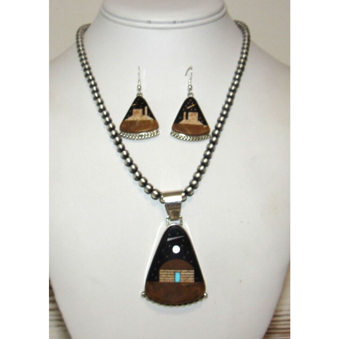 Desson Inlay Navajo Calvin Desson Inlay Jet Turquoise Opal Earrings Pendant Set ...