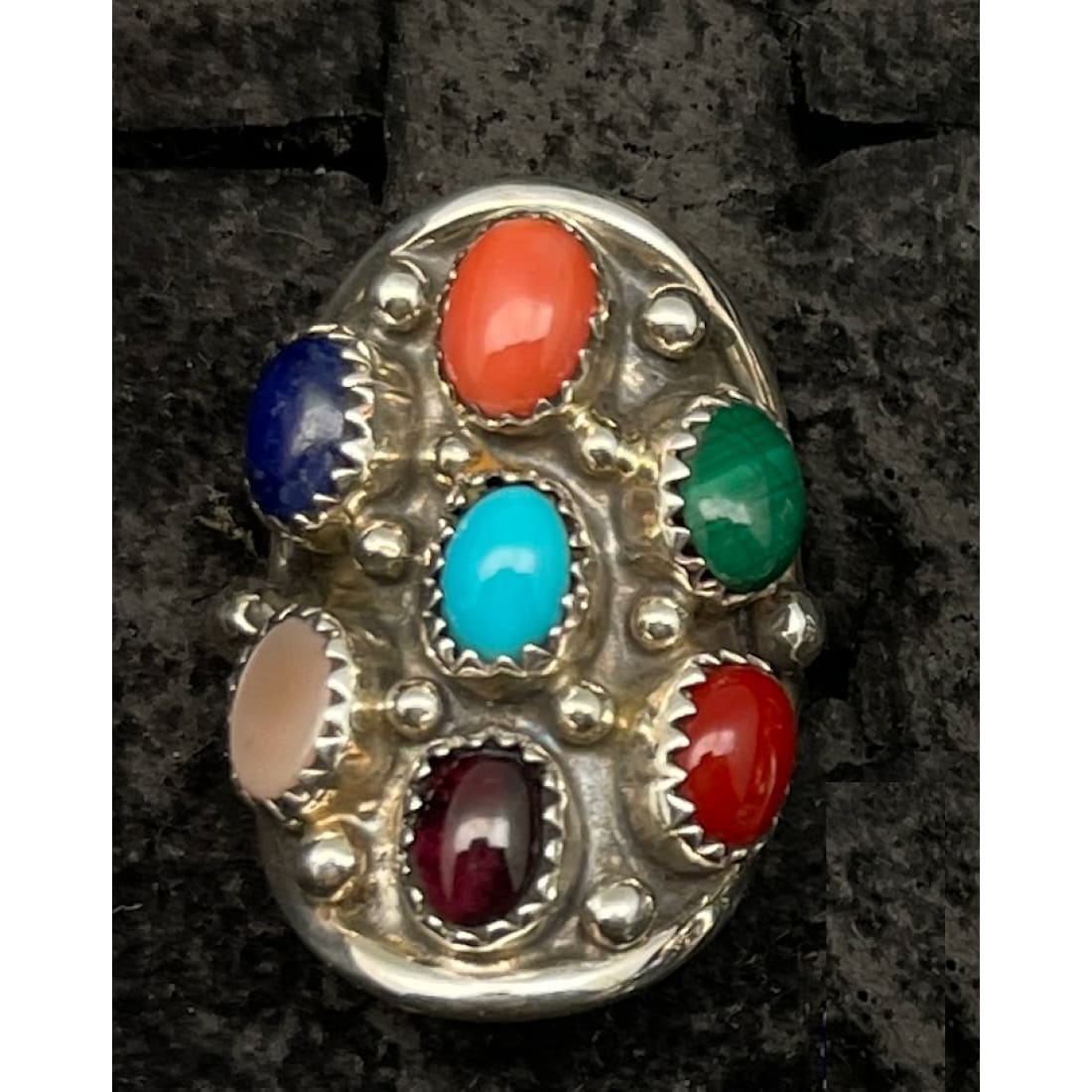 Navajo Cluster Ring Sz 6.5 Sterling Silver Turquoise Coral