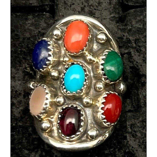 Navajo Cluster Ring Sz 6.5 Sterling Silver Turquoise Coral