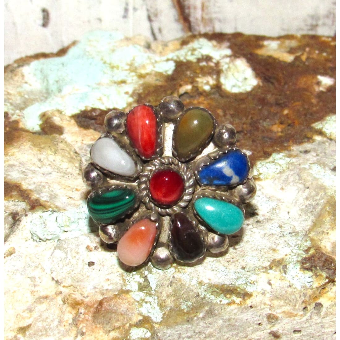 Navajo Cluster Ring Sz 9 Sterling M. Apachito Turquoise