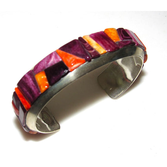 Navajo Cobble Stone Inlay Bracelet Purple Red Orange Spiny