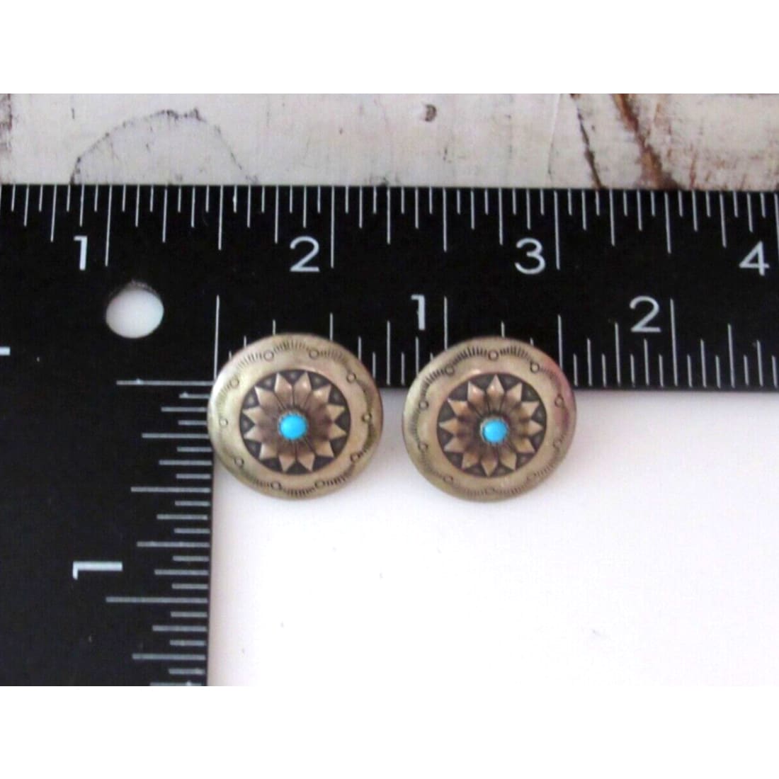 Navajo Concho Post Earrings Sterling Silver Turquoise