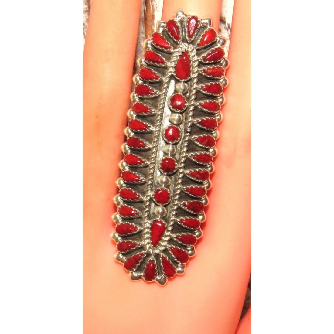 Huge Navajo Coral Cluster Statement Ring Sz 8 Sterling 