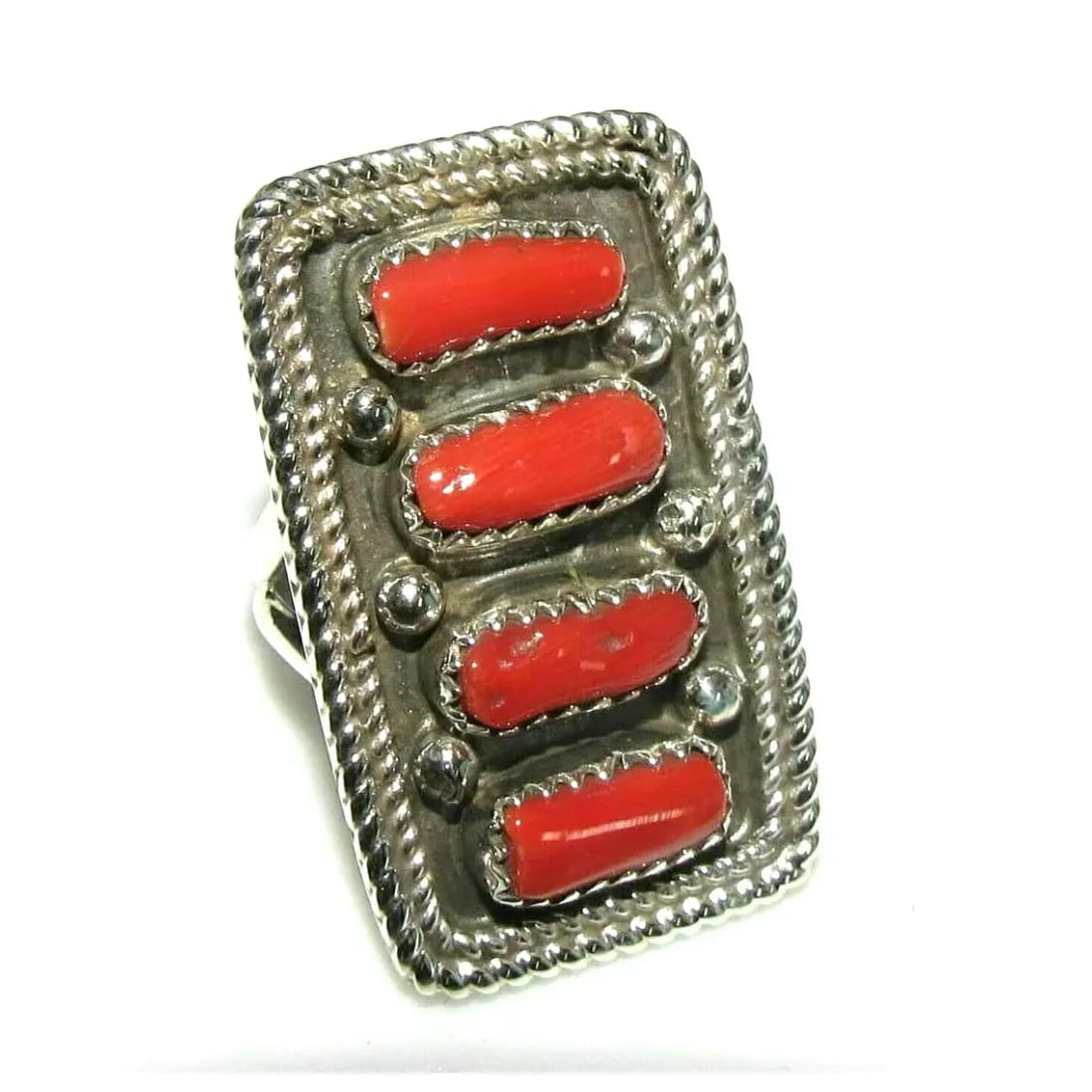 Navajo Coral Cluster Statement Ring Sz 9 Sterling Silver