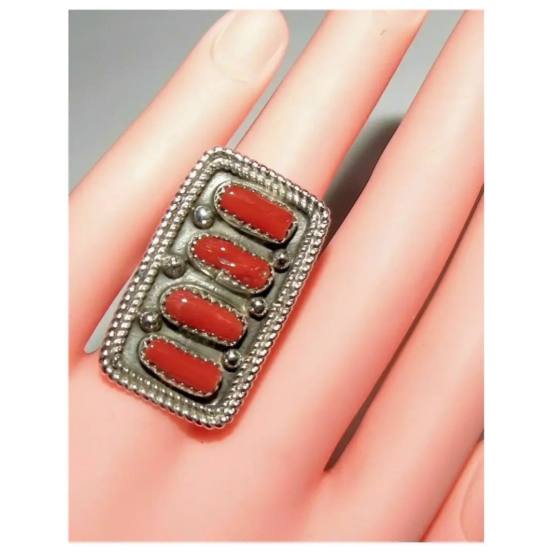 Navajo Coral Cluster Statement Ring Sz 9 Sterling Silver