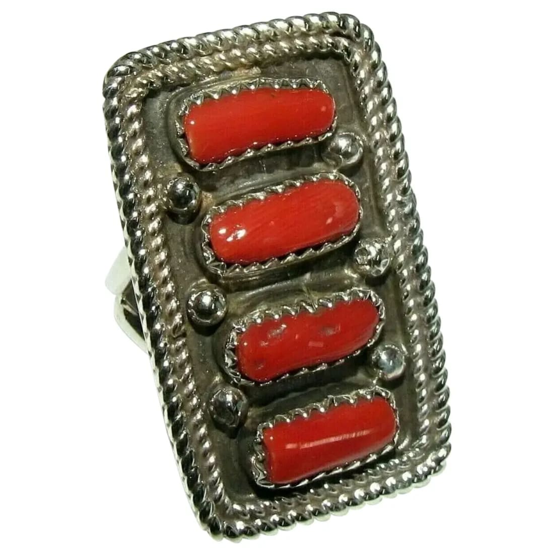 Navajo Coral Cluster Statement Ring Sz 9 Sterling Silver