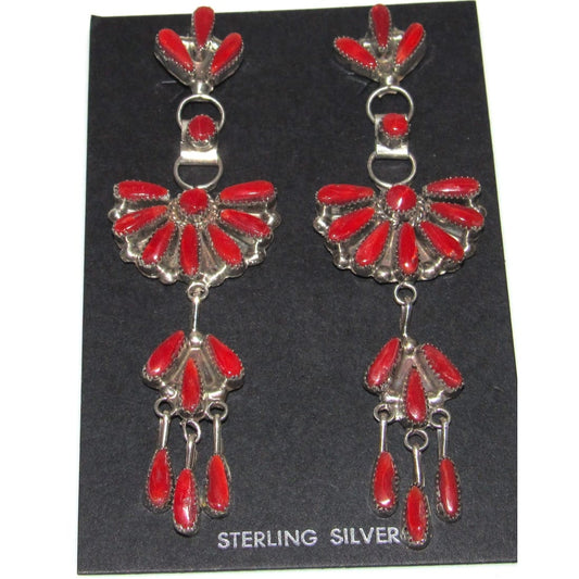 Navajo Coral Dangle Earrings Sterling Silver Violet Begay