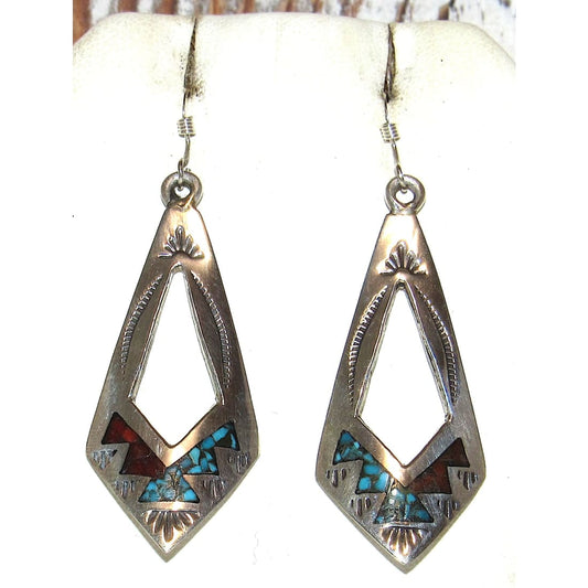 Navajo Dangle Earrings Tribal Design Turquoise Coral Inlay