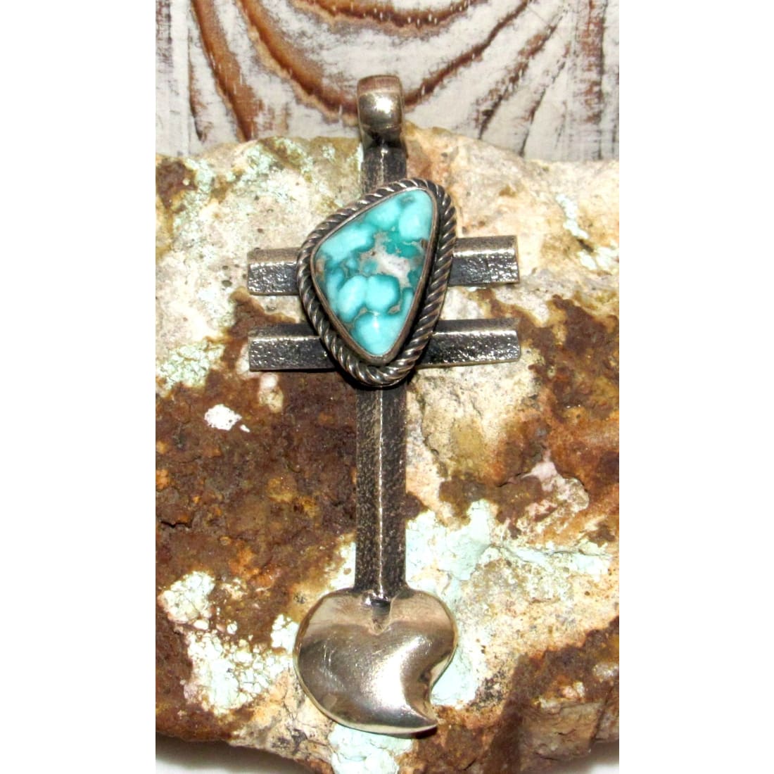 Navajo Dry Creek Turquoise Dragonfly Cross Pendant Tufa