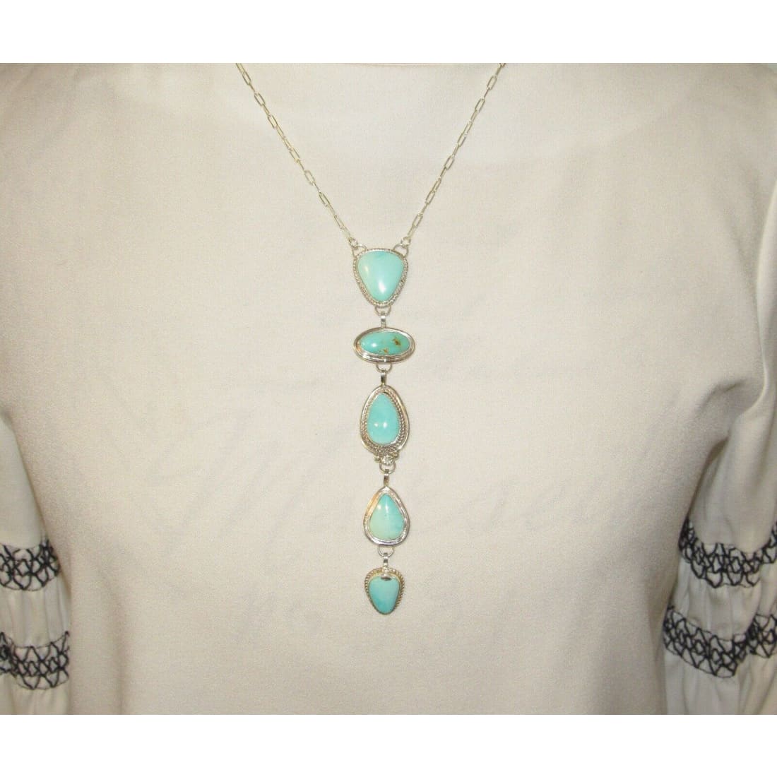 Navajo Dry Creek Turquoise Lariat Necklace Sterling Silver