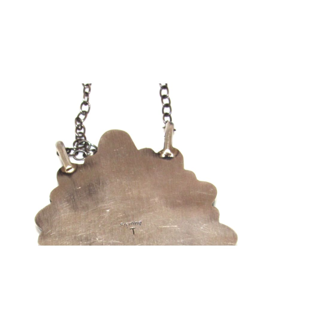 Back view of Navajo Golden Hills turquoise bar necklace showing silver chain and clasp details
