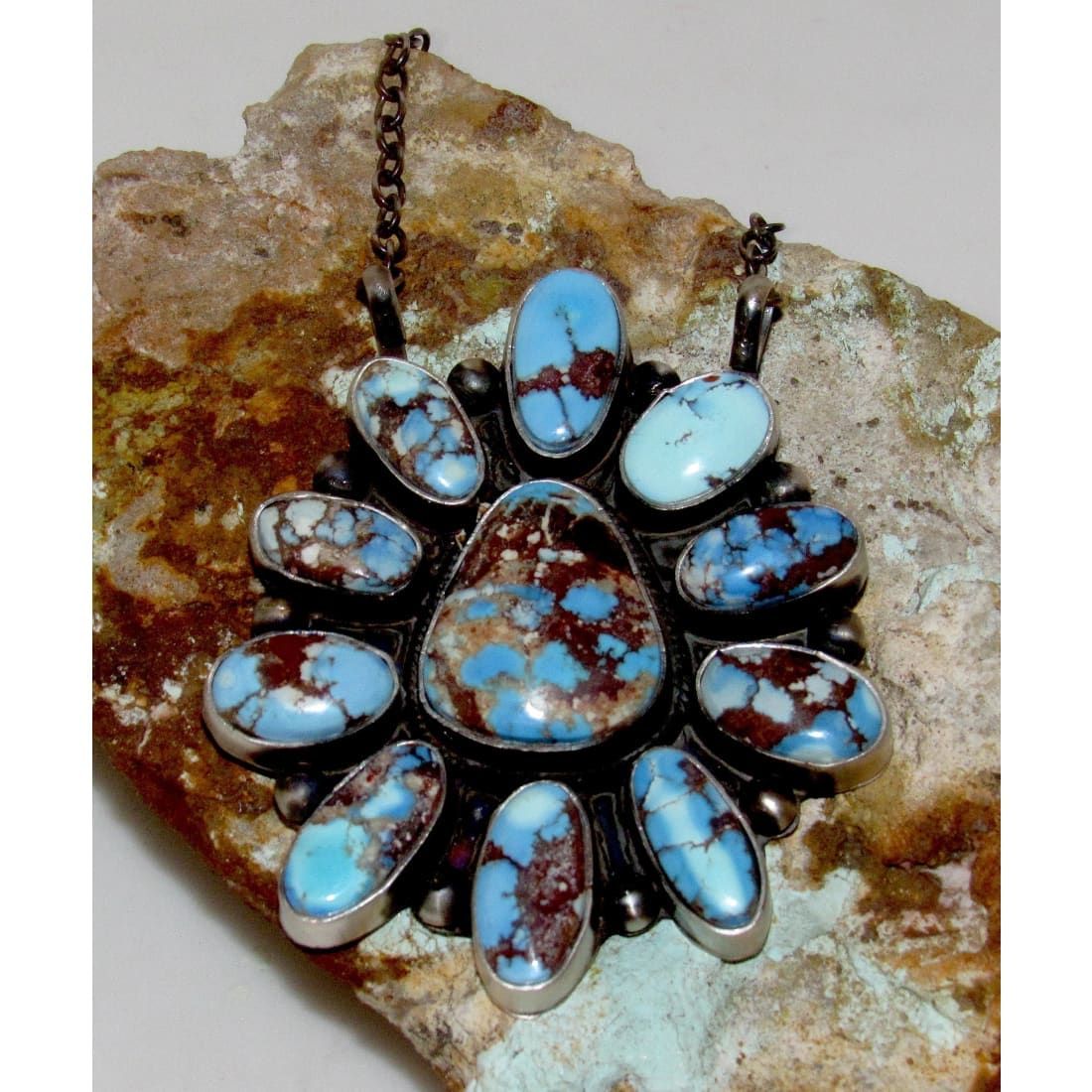 Navajo Golden Hills turquoise bar necklace featuring multiple blue turquoise stones set in silver