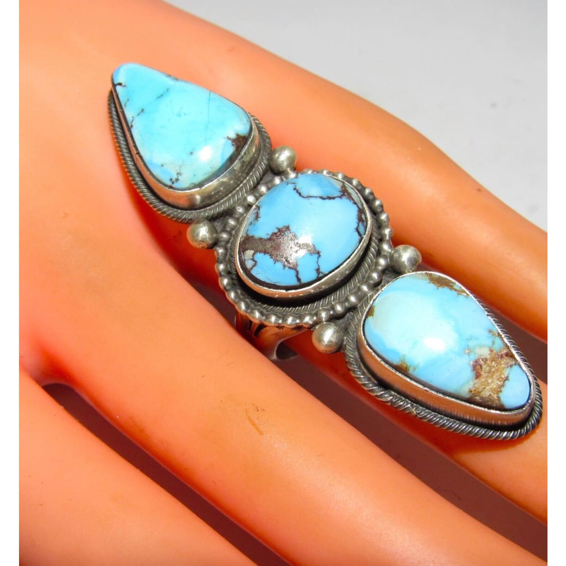 Navajo Golden Hills Turquoise Statement Ring Sz 8 Sterling
