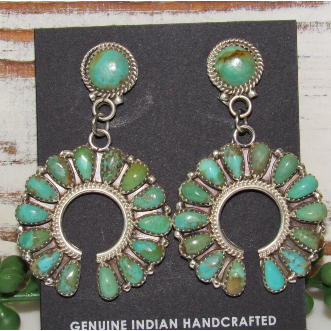 Navajo Green Turquoise Cluster Naja Dangle Earrings Sterling