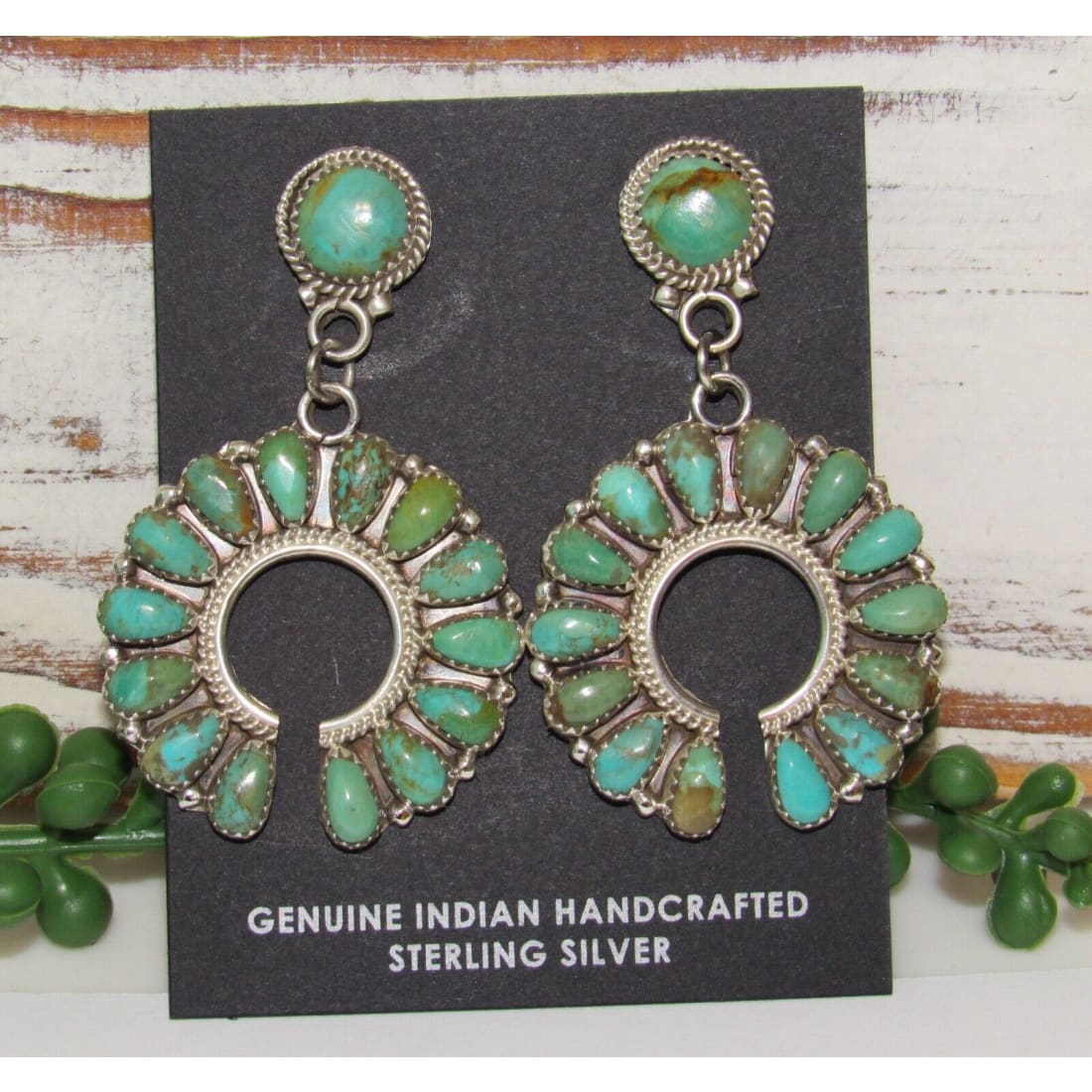 Navajo Green Turquoise Cluster Naja Dangle Earrings Sterling