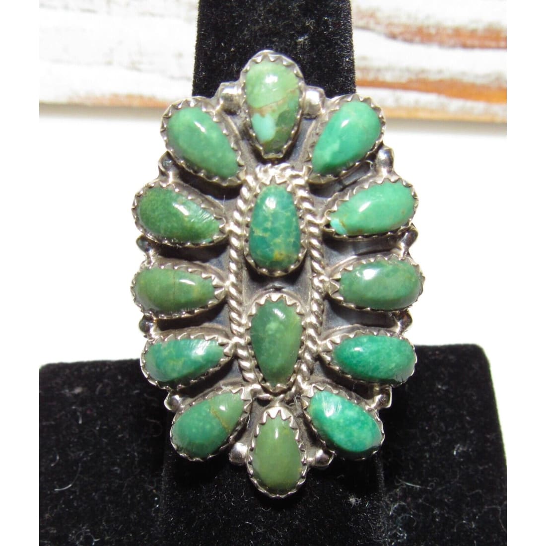 Navajo Green Turquoise Cluster Ring Sz 6.5 Sterling Silver
