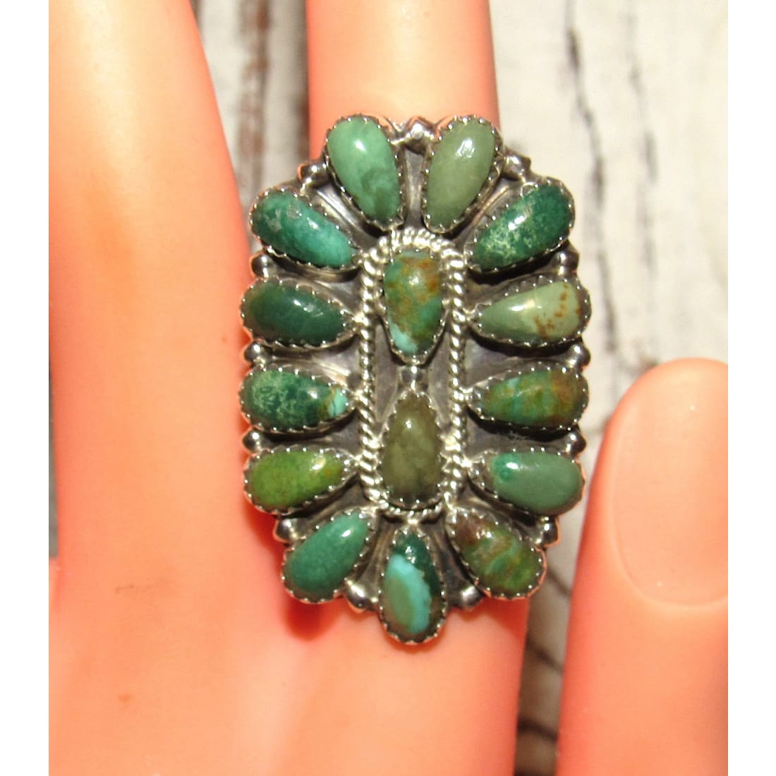 Navajo Green Turquoise Cluster Ring Sz 7 Sterling Silver