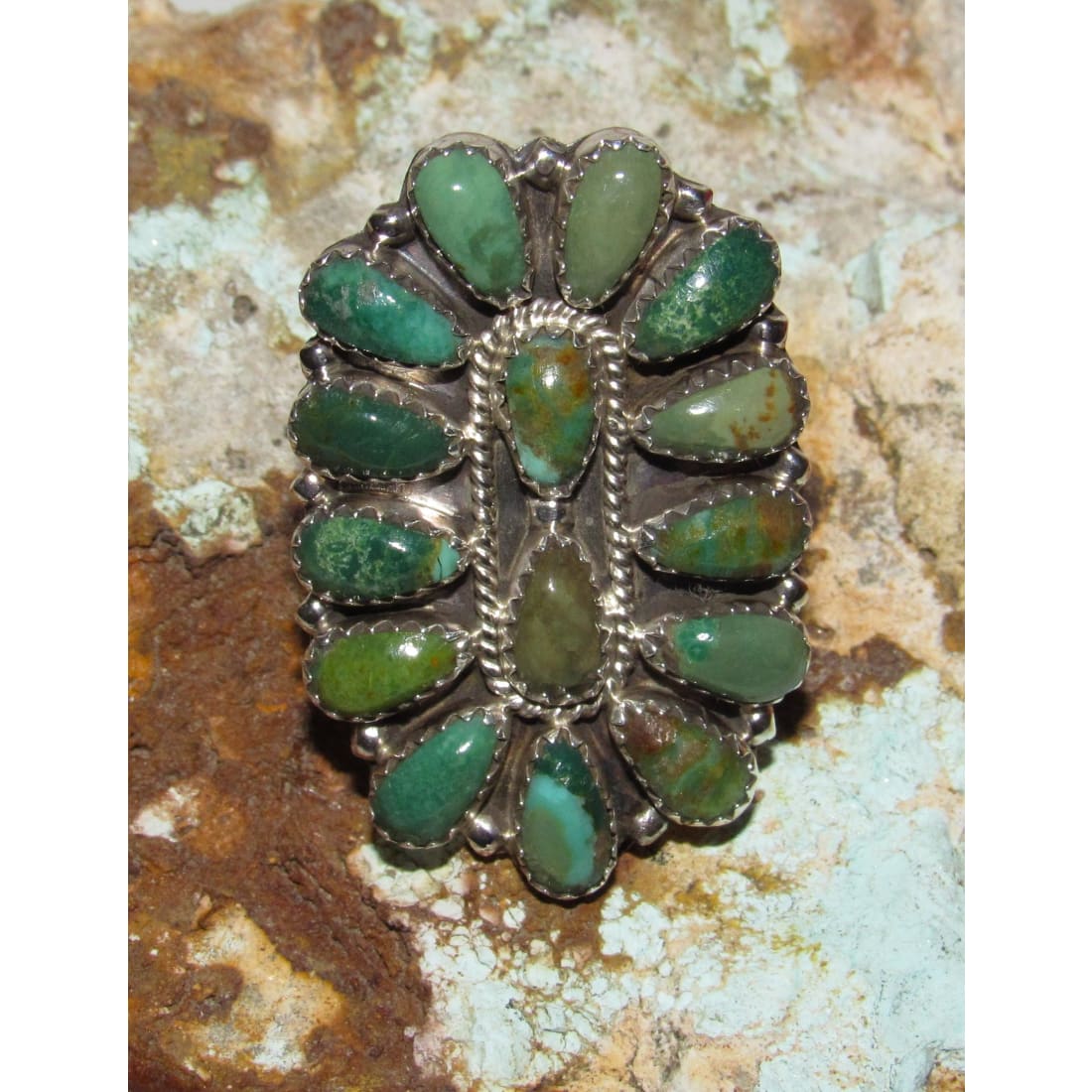 Navajo Green Turquoise Cluster Ring Sz 7 Sterling Silver