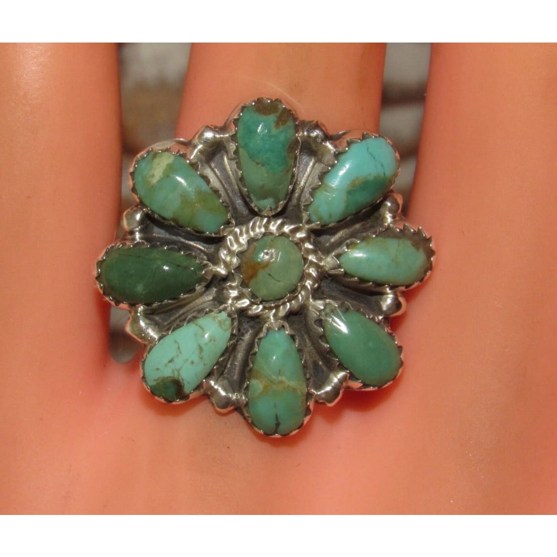 Navajo Green Turquoise Cluster Ring Sz 8 Sterling Silver