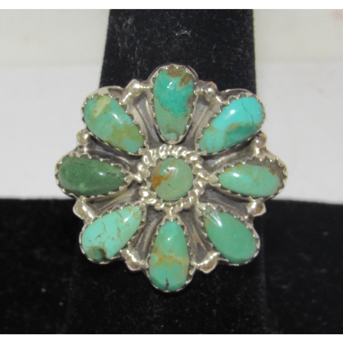 Navajo Green Turquoise Cluster Ring Sz 8 Sterling Silver