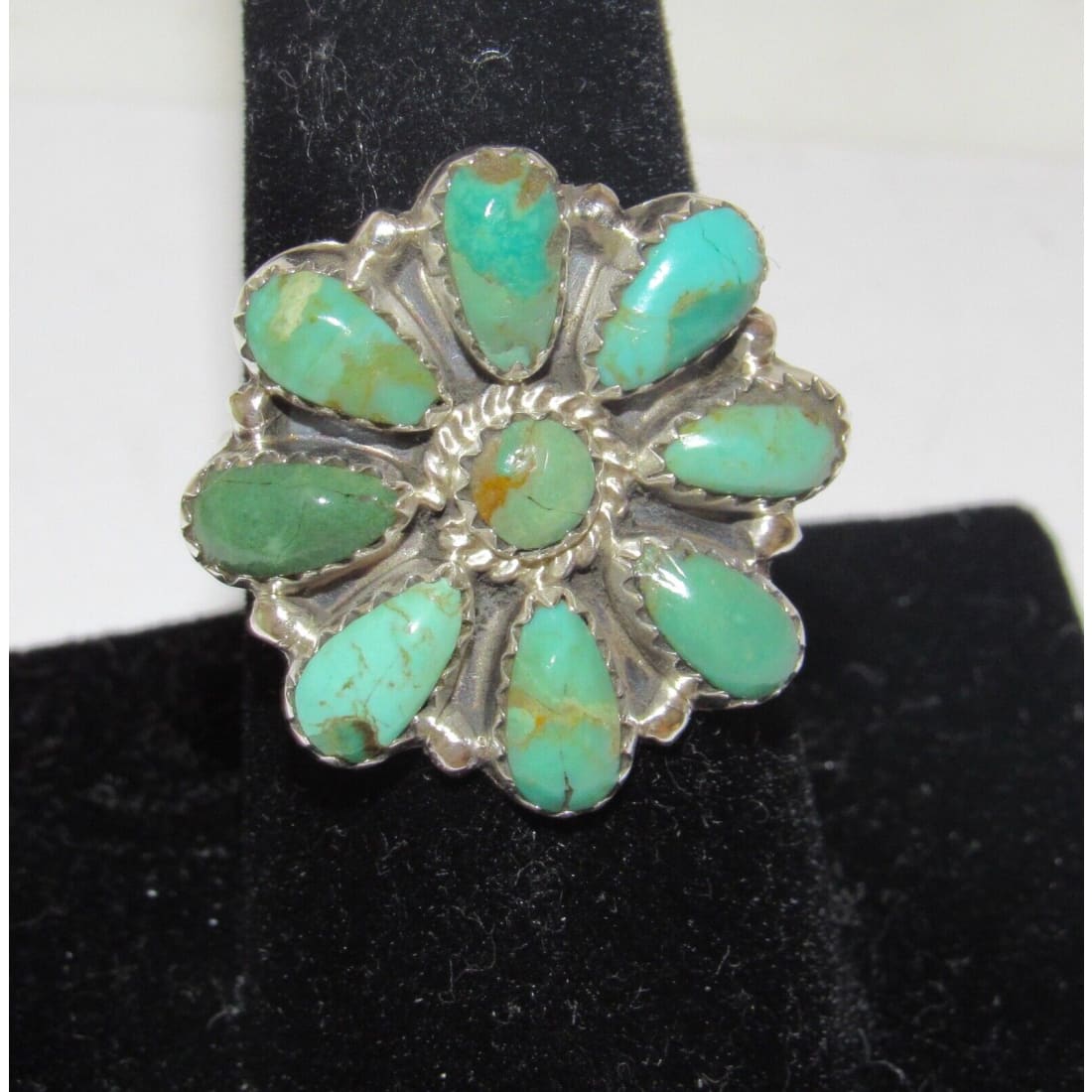 Navajo Green Turquoise Cluster Ring Sz 8 Sterling Silver