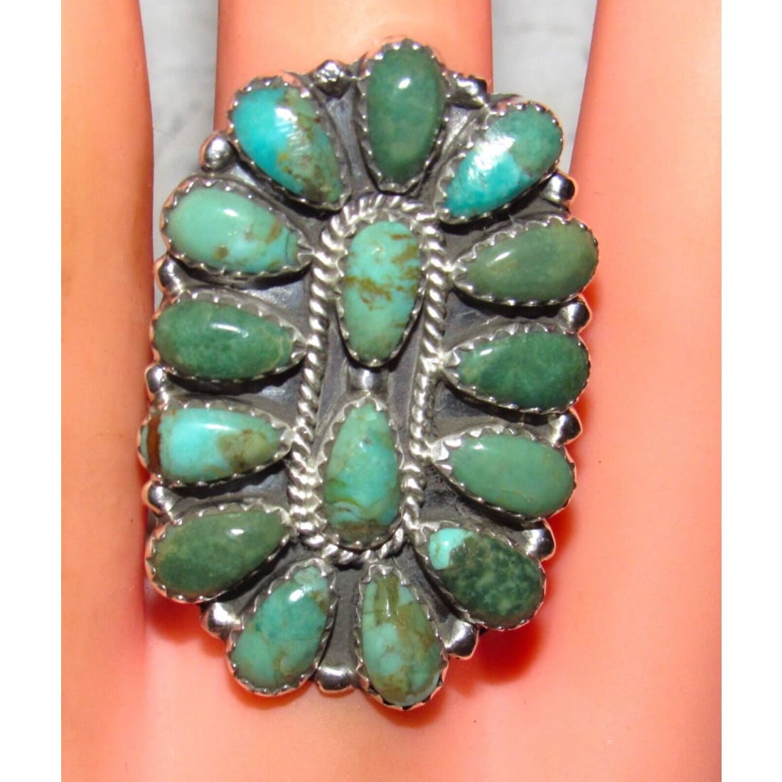Navajo Green Turquoise Cluster Ring Sz 8 Sterling Silver