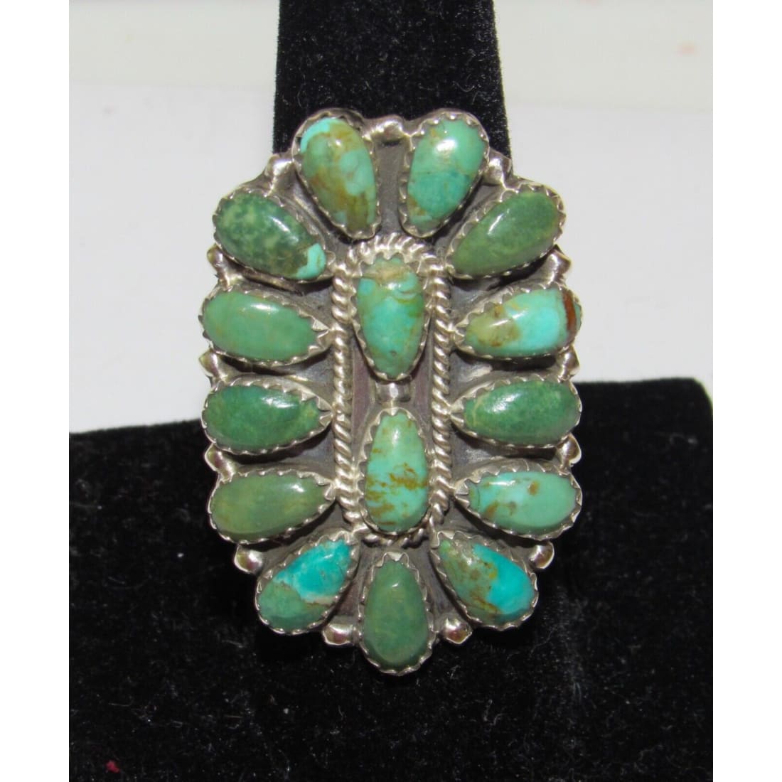 Navajo Green Turquoise Cluster Ring Sz 8 Sterling Silver