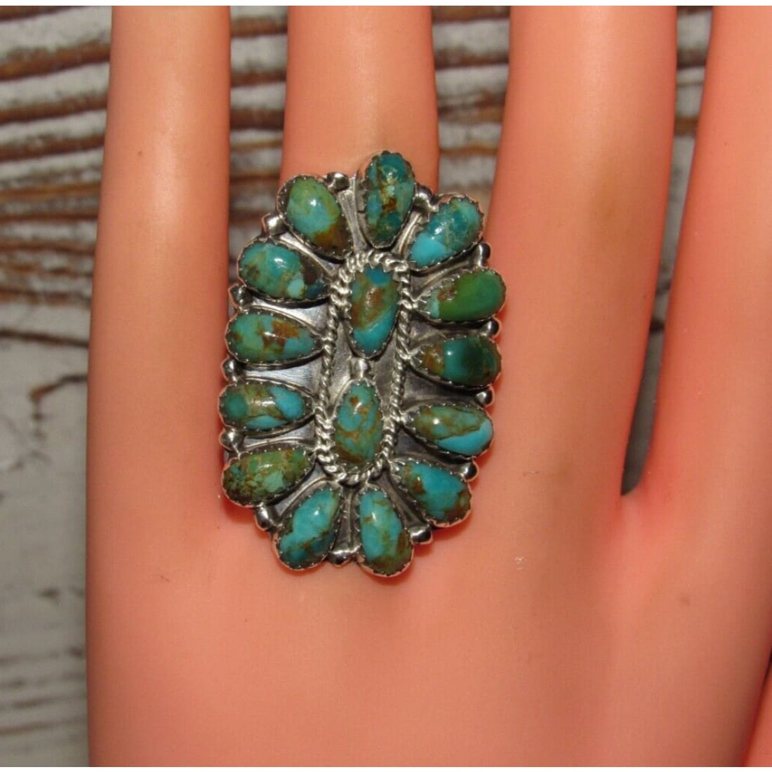 Navajo Green Turquoise Cluster Ring Sz 9.5 Sterling Silver
