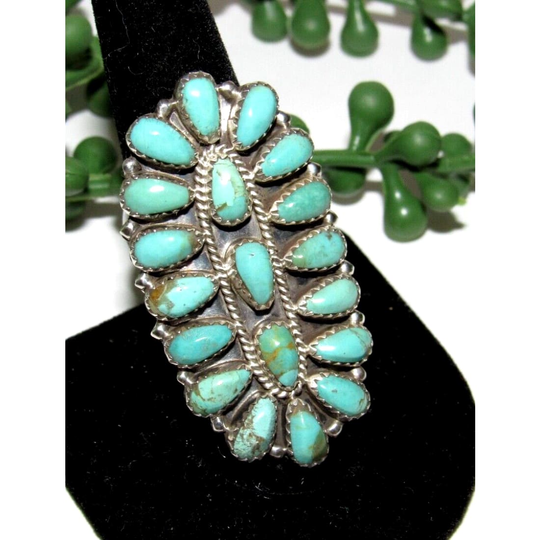 Navajo Green Turquoise Statement Cluster Ring Sz 9 Sterling