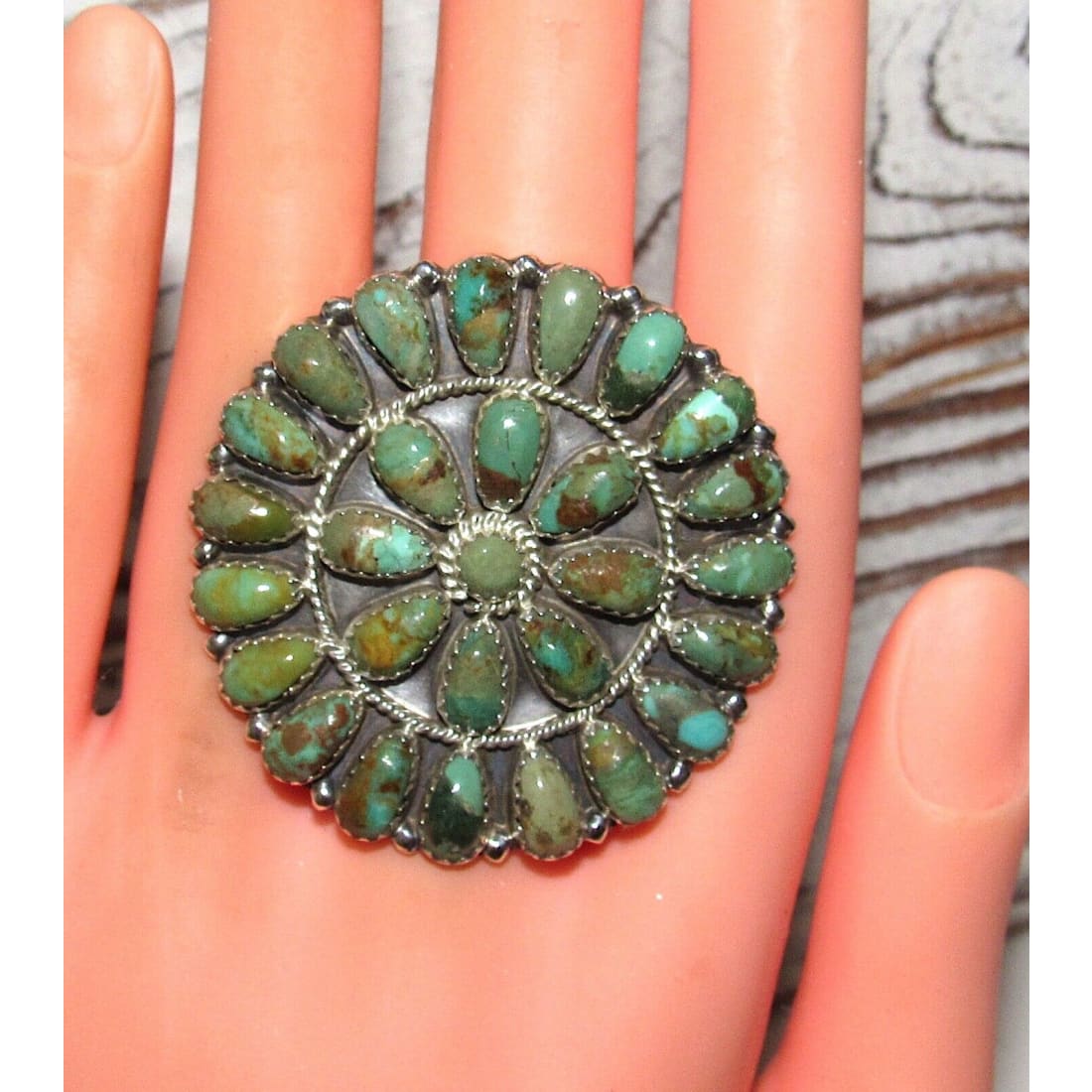 Navajo Green Turquoise Statement Cluster Ring Sz 9 Sterling