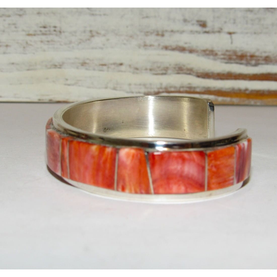 Navajo Inlay Bracelet Red & Orage Spiny Sterling Cuff Native