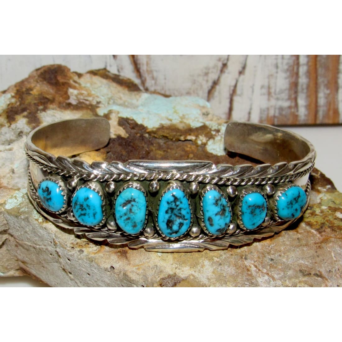 Navajo Kingman Turquoise Cluster Cuff Bracelet A.Chapo