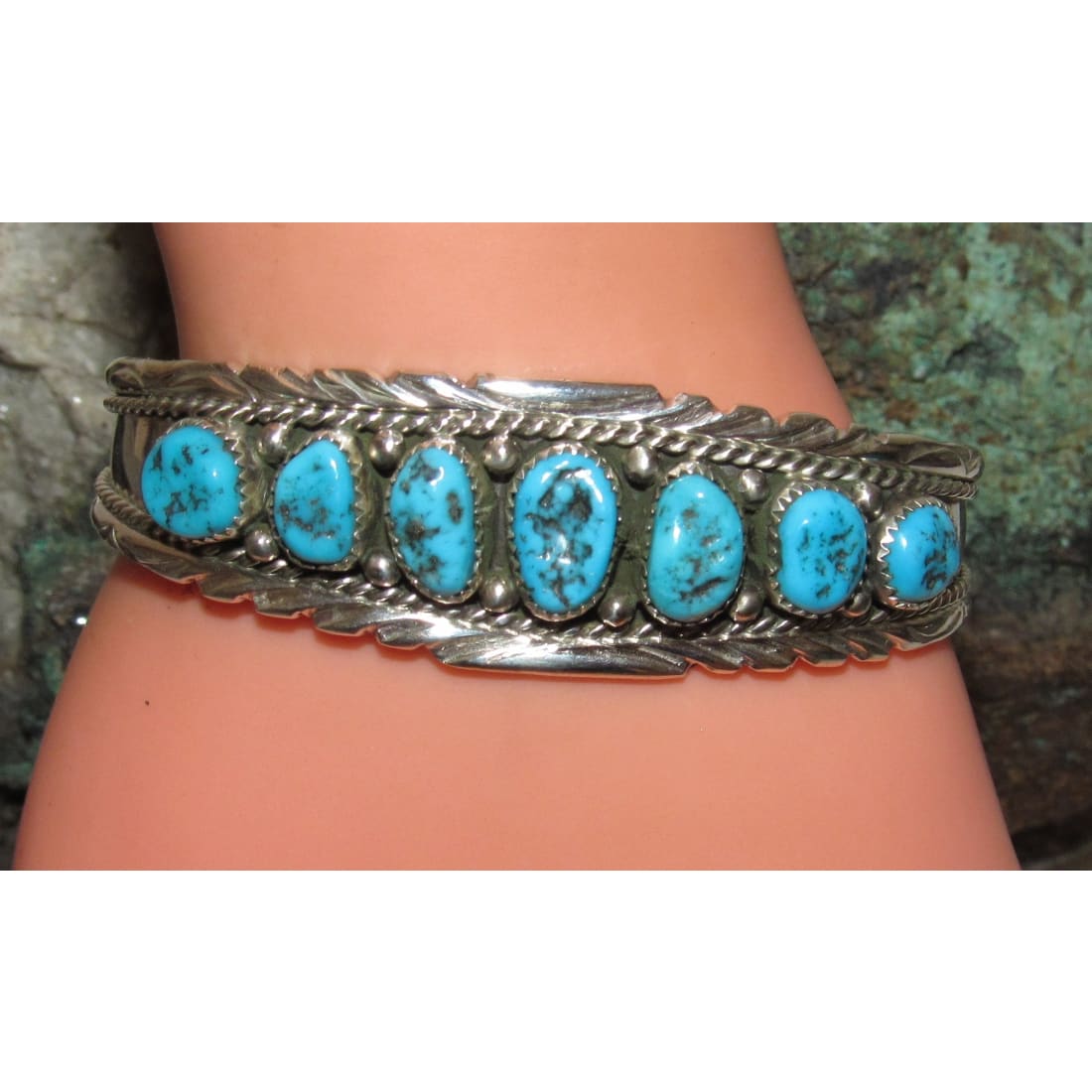 Navajo Kingman Turquoise Cluster Cuff Bracelet A.Chapo