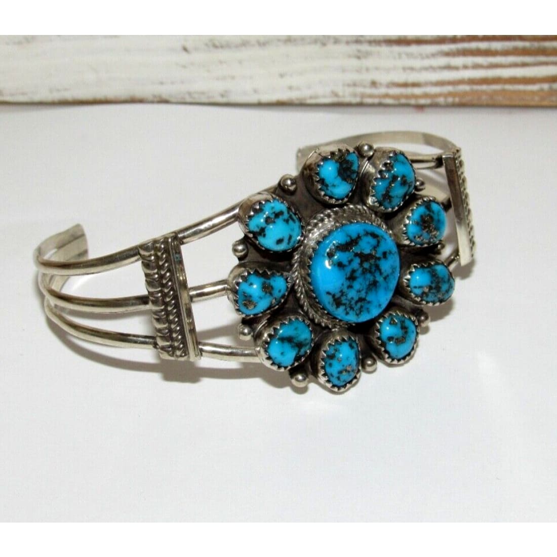 Navajo Kingman Turquoise Cluster Cuff Bracelet Sterling