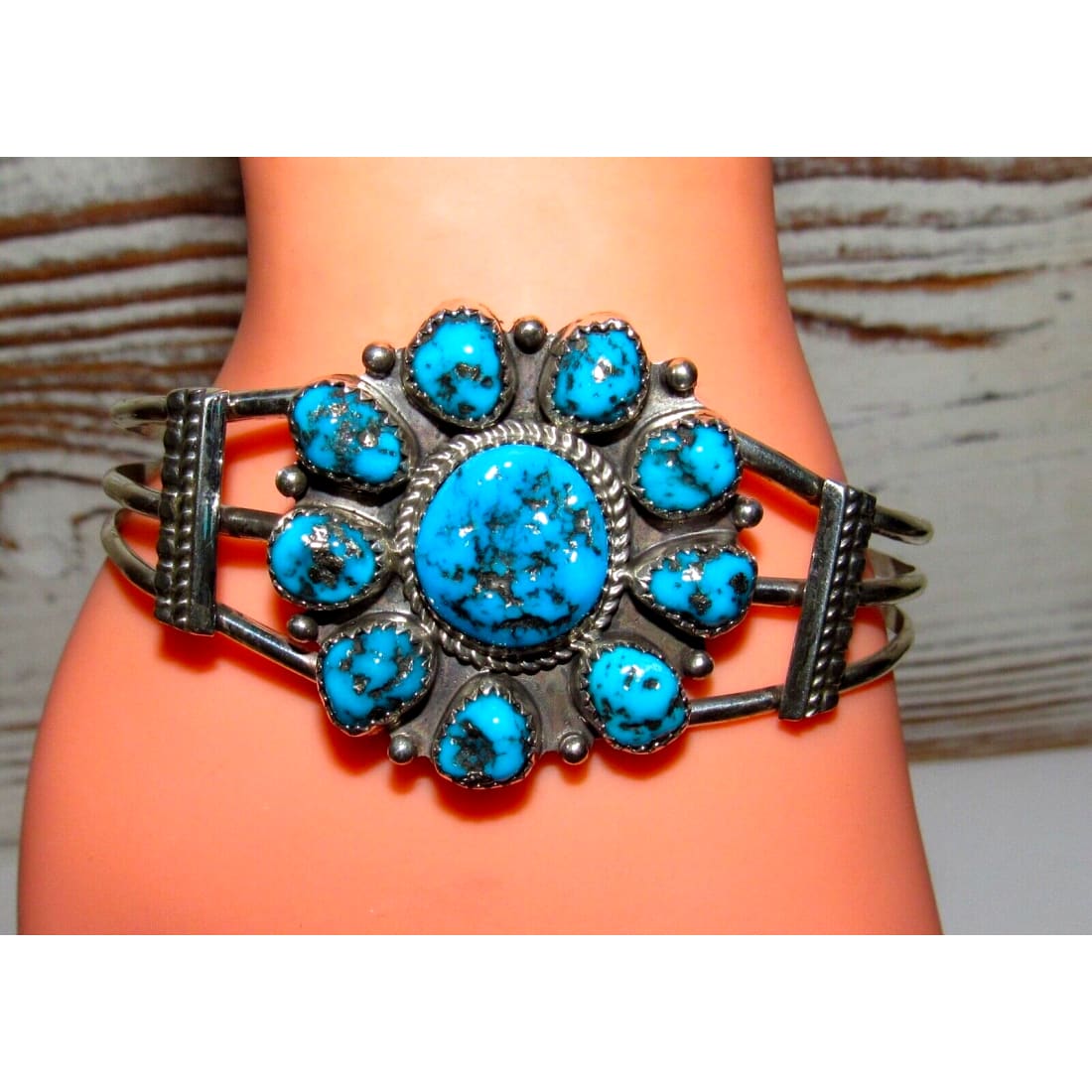 Navajo Kingman Turquoise Cluster Cuff Bracelet Sterling