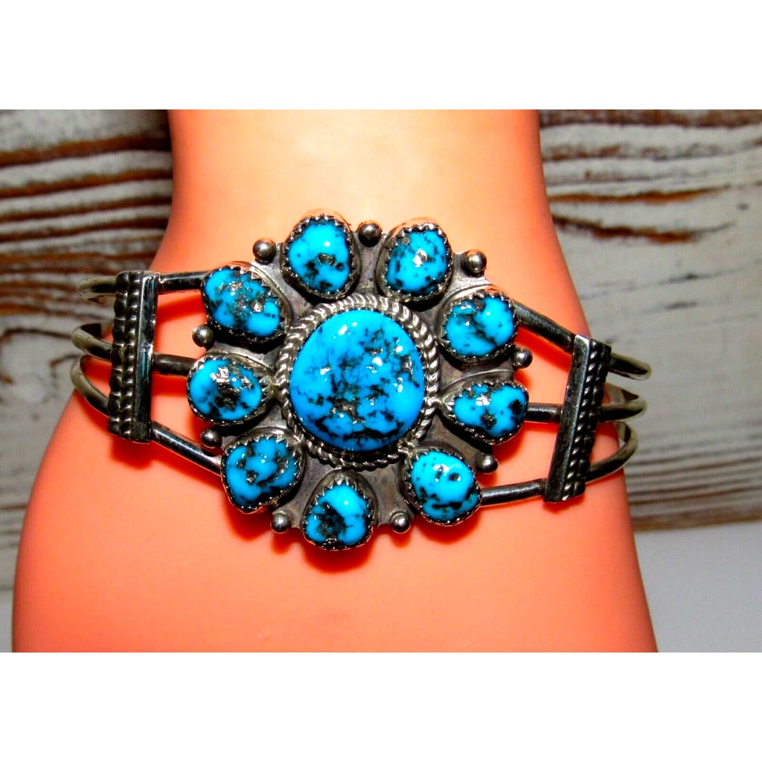 Navajo Kingman Turquoise Cluster Cuff Bracelet Sterling