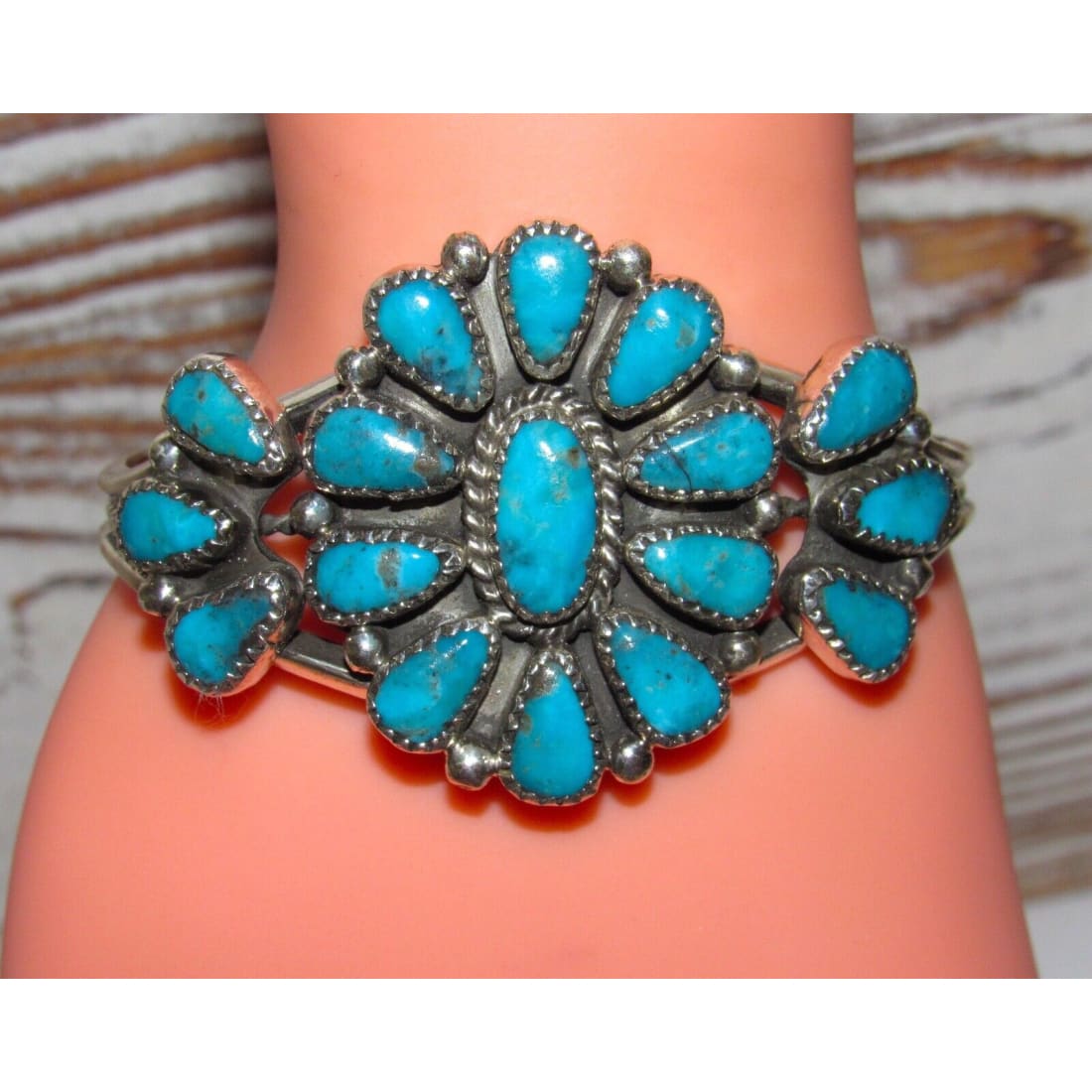 Navajo Kingman Turquoise Cluster Cuff Bracelet Sterling