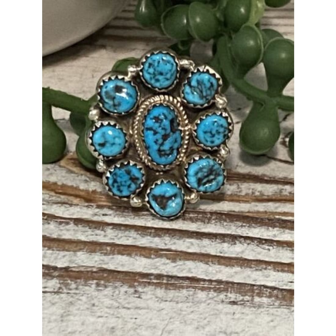 Navajo Kingman Turquoise Cluster Ring Sz 10 Sterling Silver
