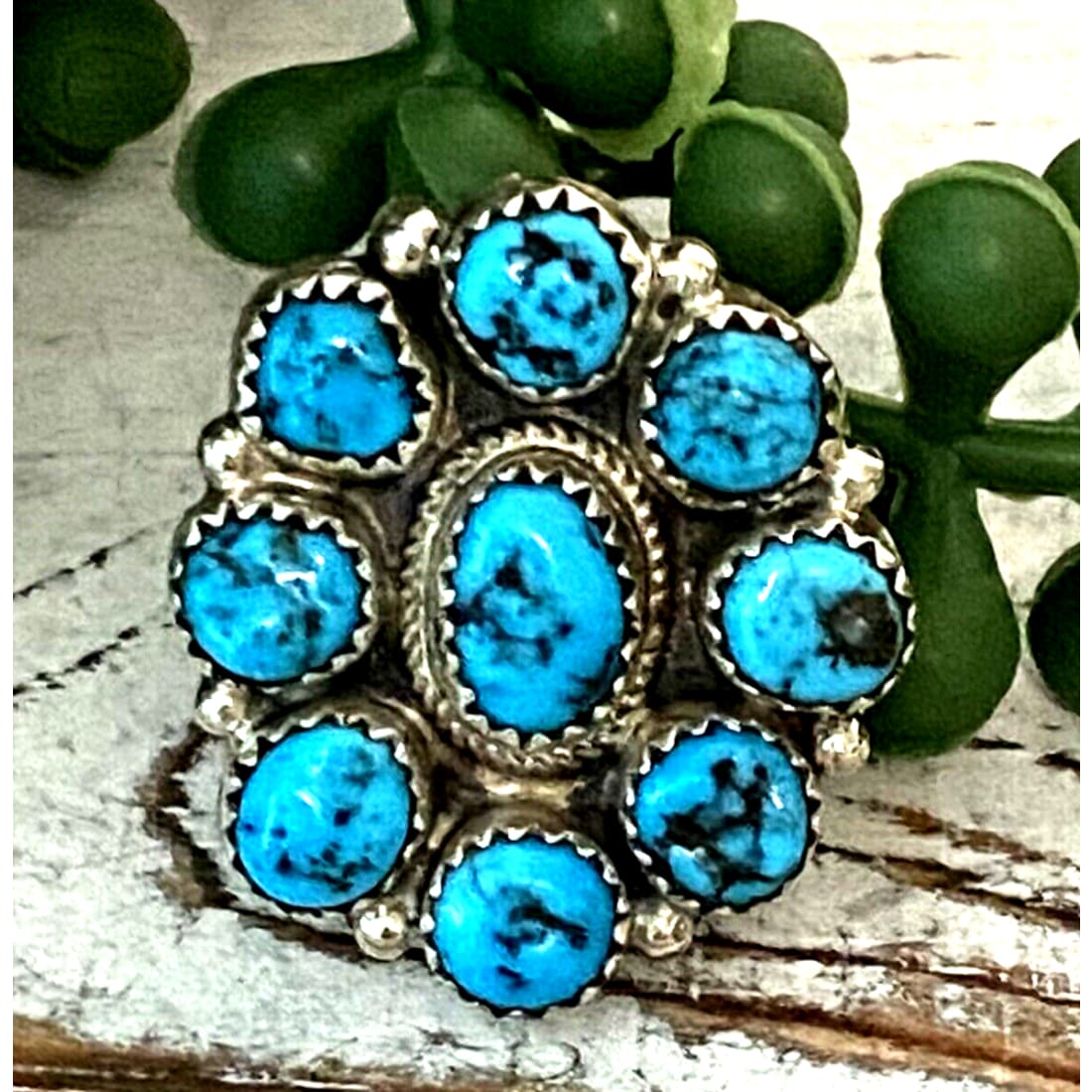 Navajo Kingman Turquoise Cluster Ring Sz 7.5 Sterling Silver