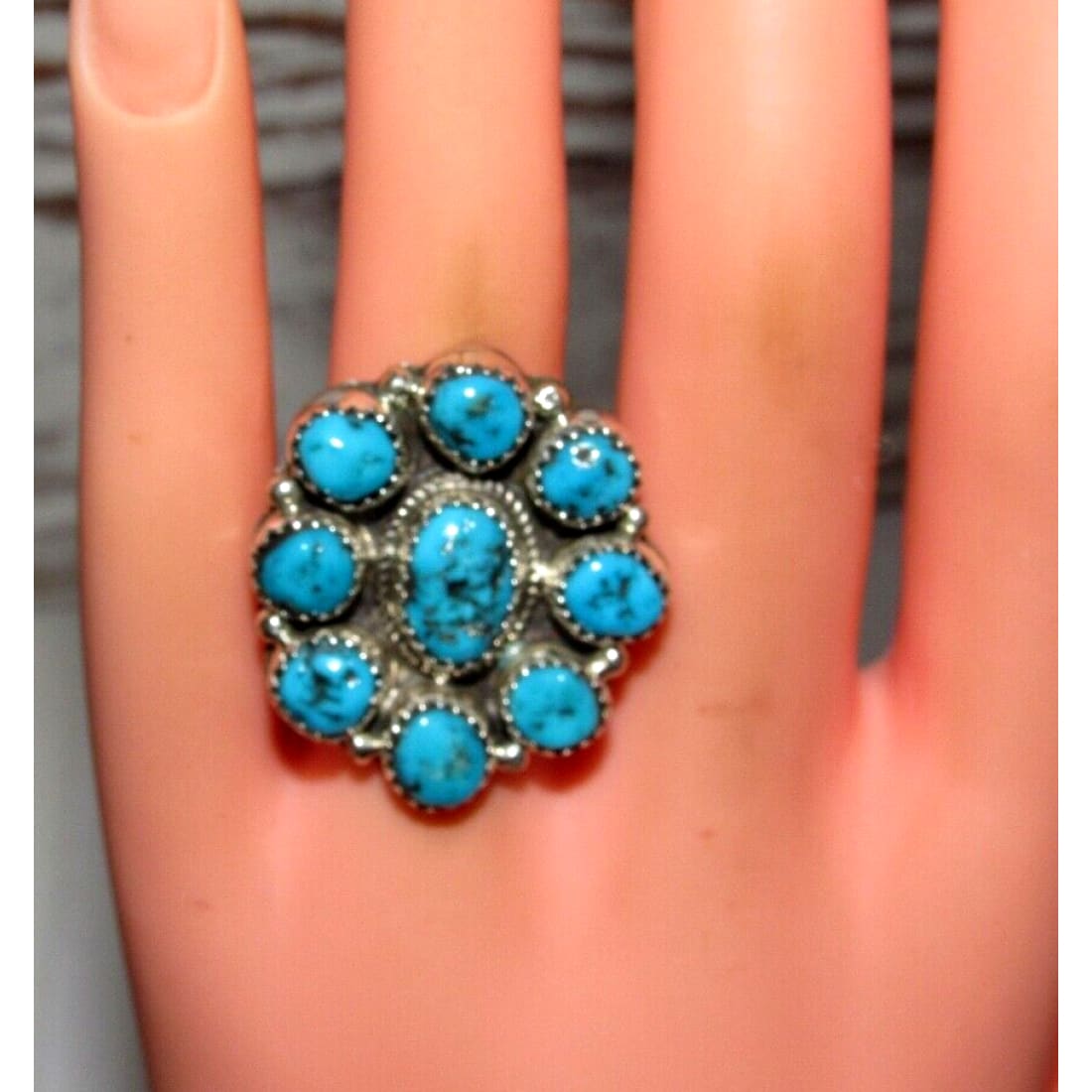 Navajo Kingman Turquoise Cluster Ring Sz 8 Sterling Silver