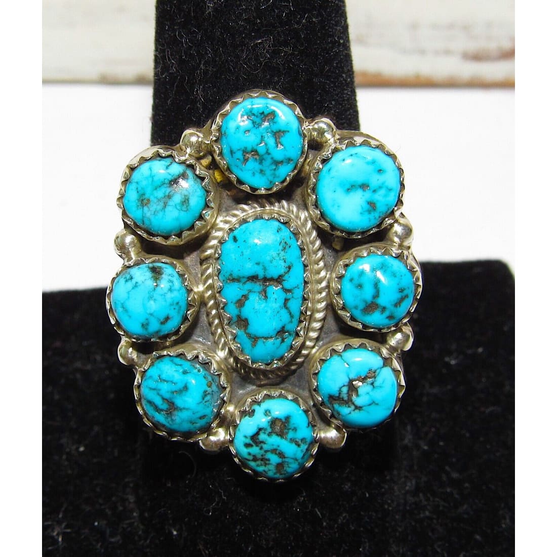 Navajo Kingman Turquoise Cluster Ring Sz 9.5 Sterling Silver