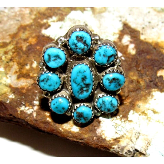 Navajo Kingman Turquoise Cluster Ring Sz 9.5 Sterling Silver