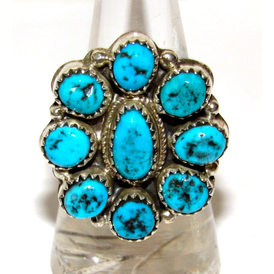 Navajo Kingman Turquoise Cluster Ring Sz 9 Sterling Silver
