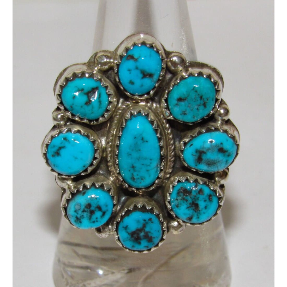 Navajo Kingman Turquoise Cluster Ring Sz 9 Sterling Silver