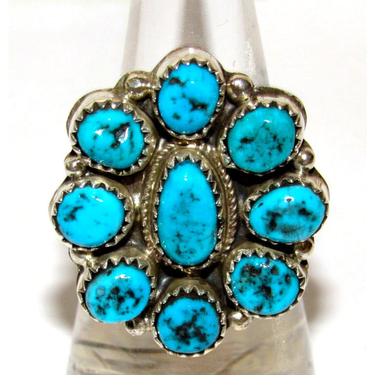 Navajo Kingman Turquoise Cluster Ring Sz 9 Sterling Silver