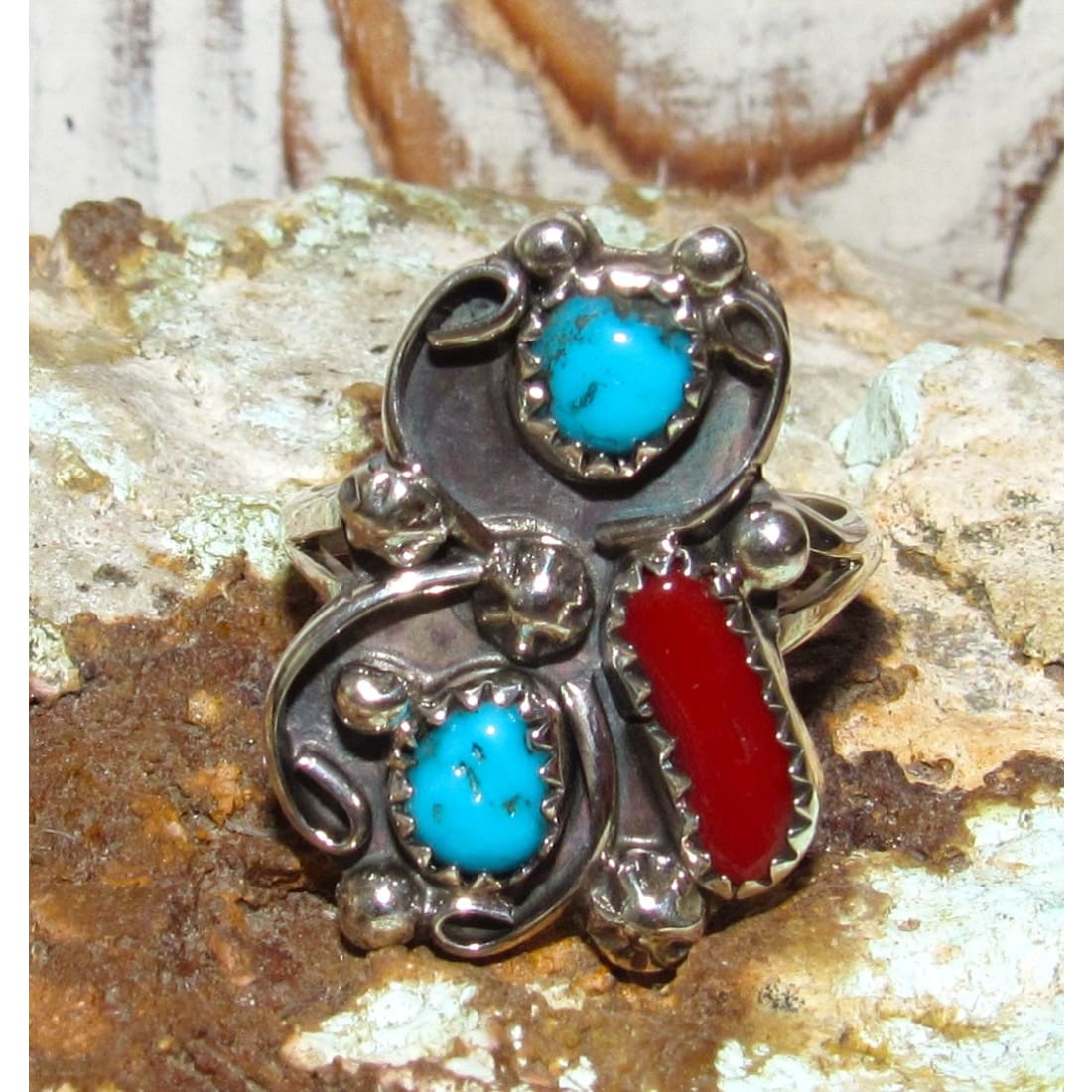 Navajo Kingman Turquoise Coral Ring Sz 8 Sterling Native