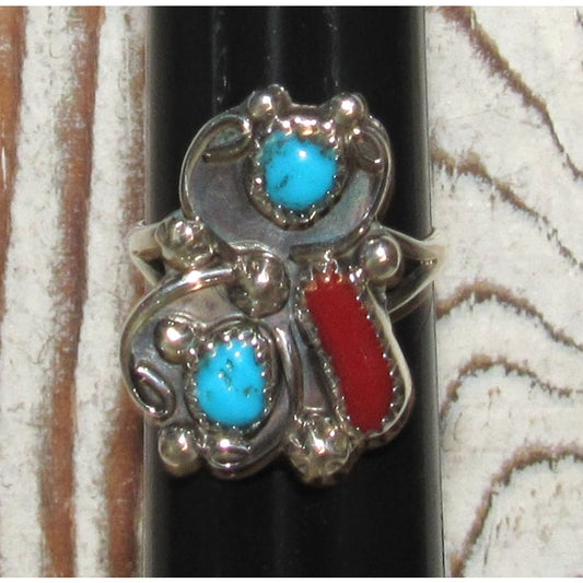 Navajo Kingman Turquoise Coral Ring Sz 8 Sterling Native